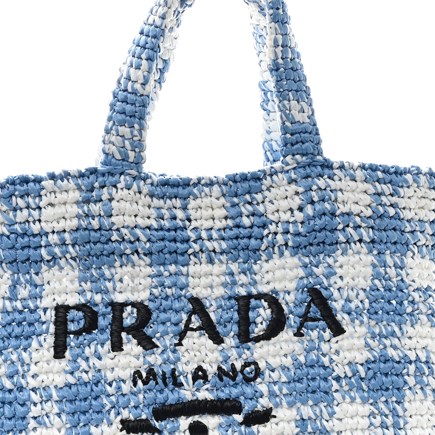 Prada Yarn Raffia Effect Crochet Embroidered Large Logo Tote Celeste 8 of 11