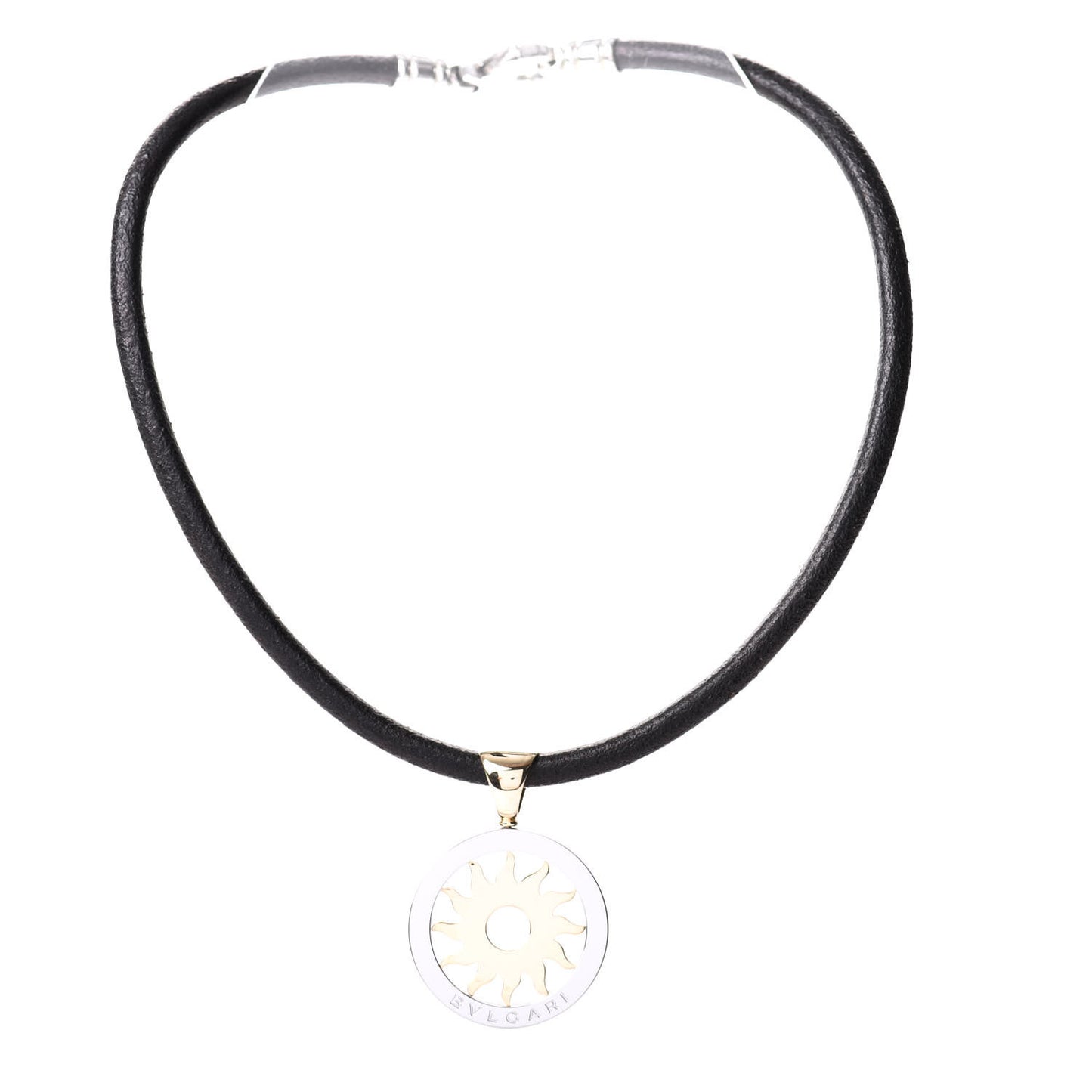 18K Yellow Gold Stainless Steel Calfskin Tondo Sun Pendant Necklace Black