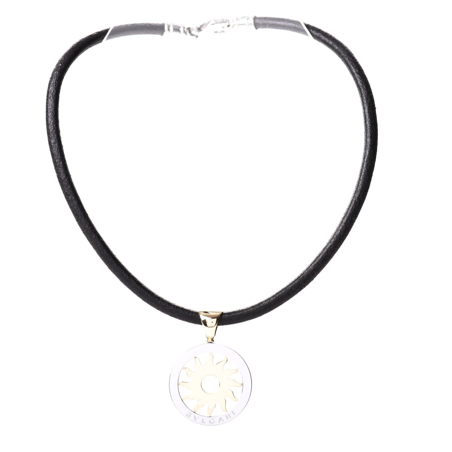 Bulgari 18K Yellow Gold Stainless Steel Calfskin Tondo Sun Pendant Necklace Black 2 of 4