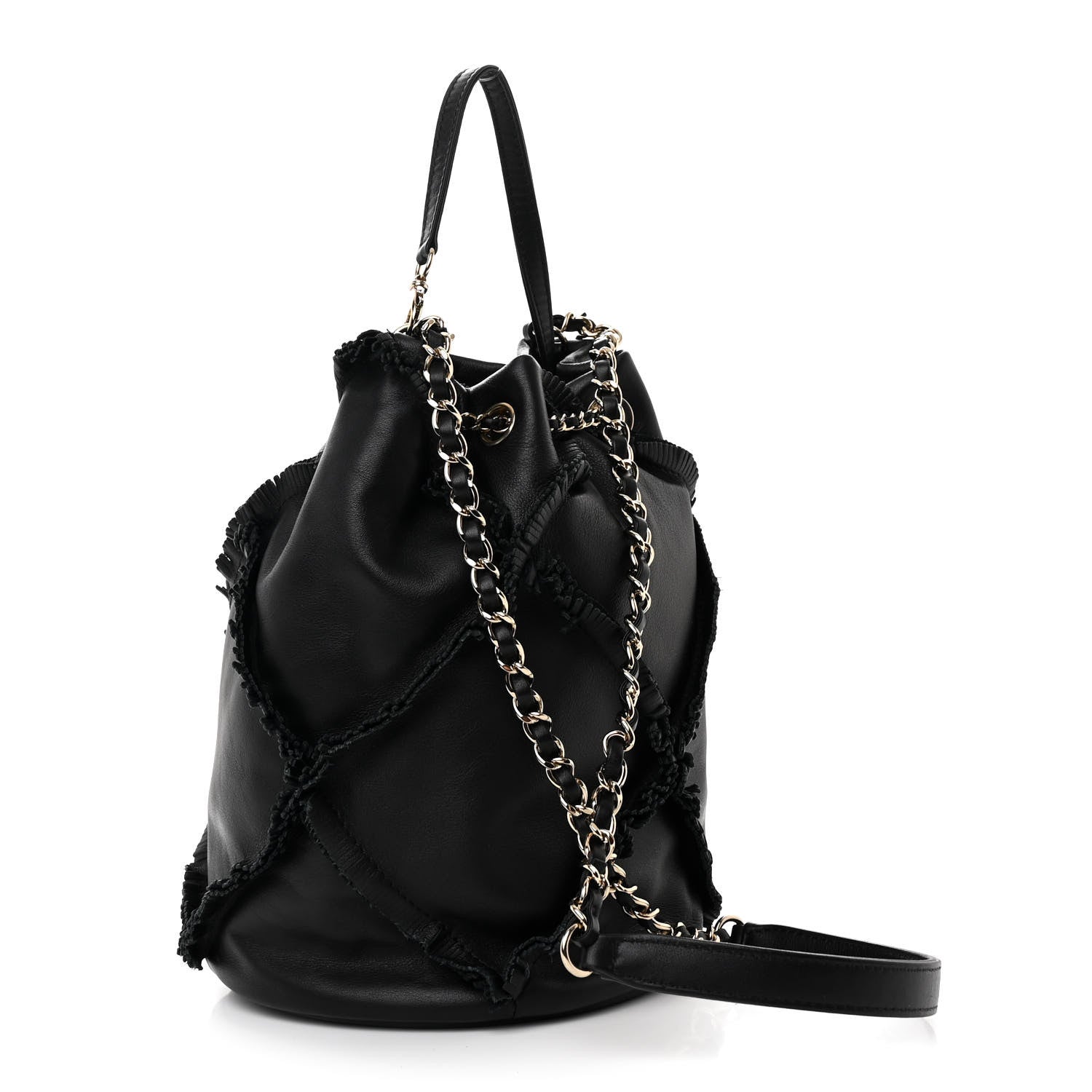 Chanel Lambskin Quilted Fringe CC Chain Bucket Drawstring Bag Black 3 of 11