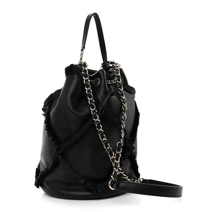 Chanel Lambskin Quilted Fringe CC Chain Bucket Drawstring Bag Black 3 of 11