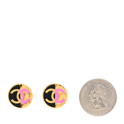 Chanel Metal Enamel CC Round Earrings Gold Pink Black 2 of 5