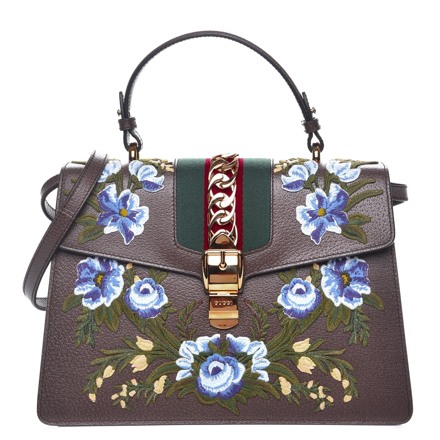 Gucci Calfskin Embroidered Medium Sylvie Top Handle Bag New Acero Multicolor 1 of 8
