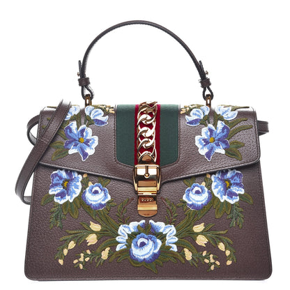 Gucci Calfskin Embroidered Medium Sylvie Top Handle Bag New Acero Multicolor 1 of 8