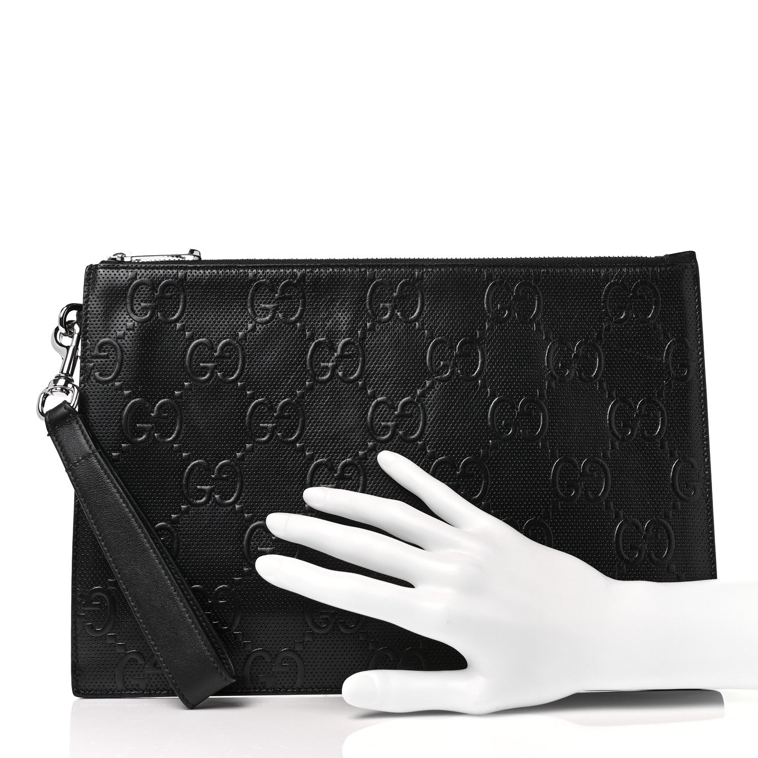 Gucci Calfskin GG Tennis Embossed Wristlet Pouch Black 2 of 8