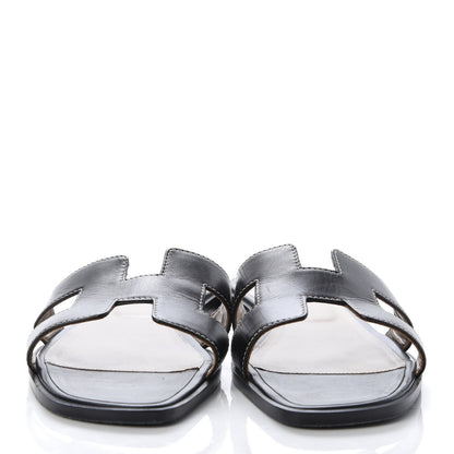 Hermes Box Calfskin Oran Sandals 38.5 Black 2 of 9