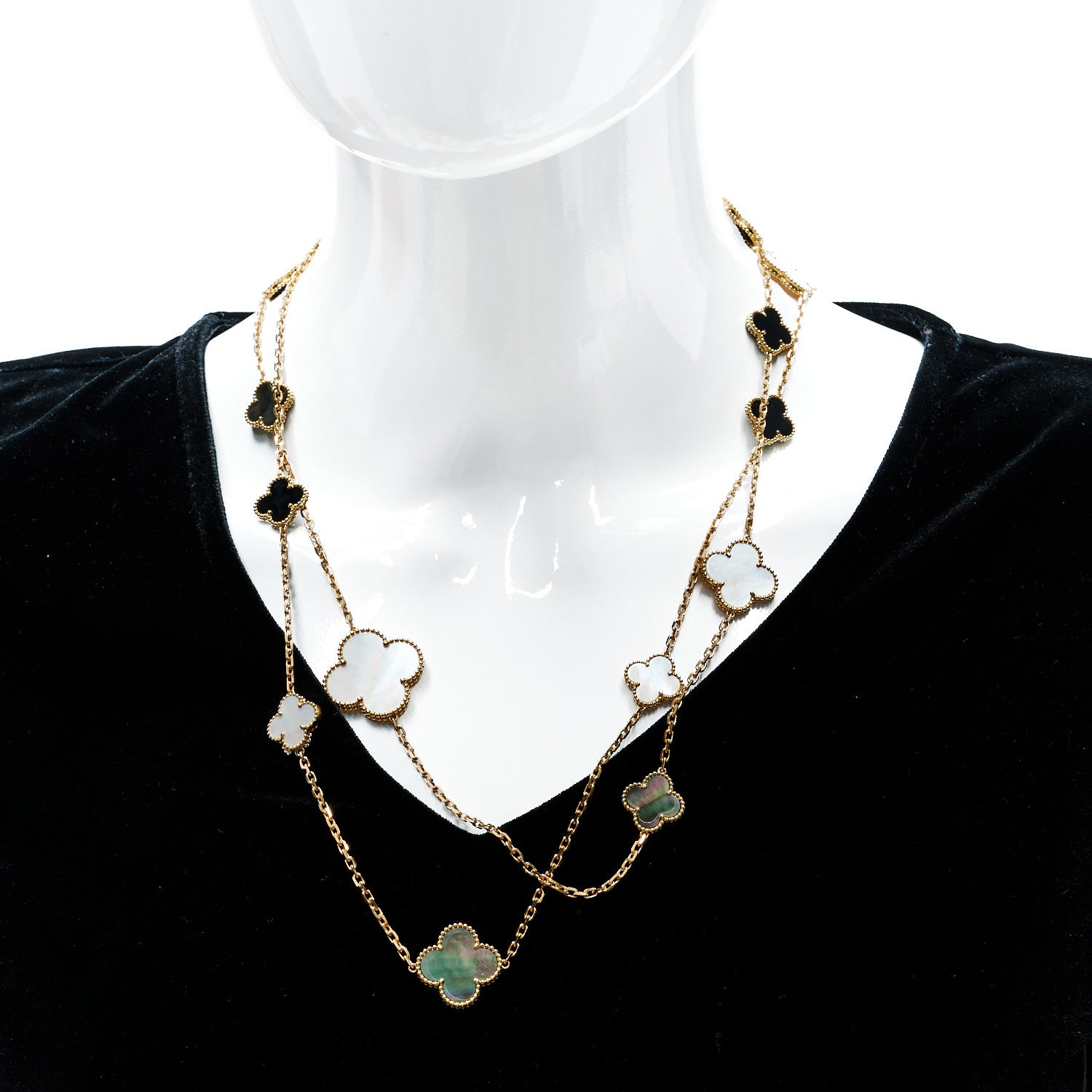 Van Cleef & Arpels 18K Yellow Gold Onyx Mother of Pearl 16 Motifs Magic Alhambra Necklace 2 of 6