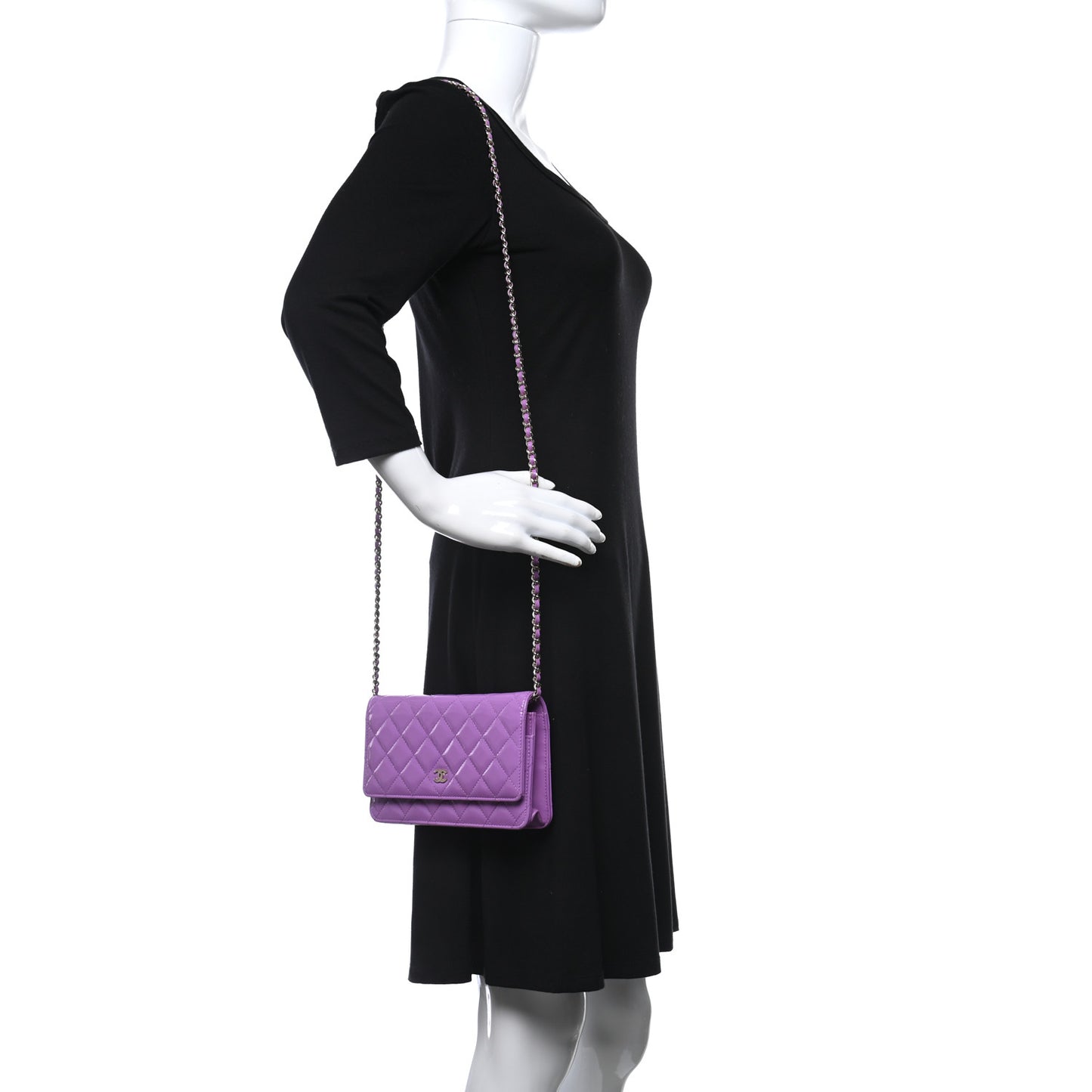 Patent Calfskin Quilted Wallet On Chain WOC Purple