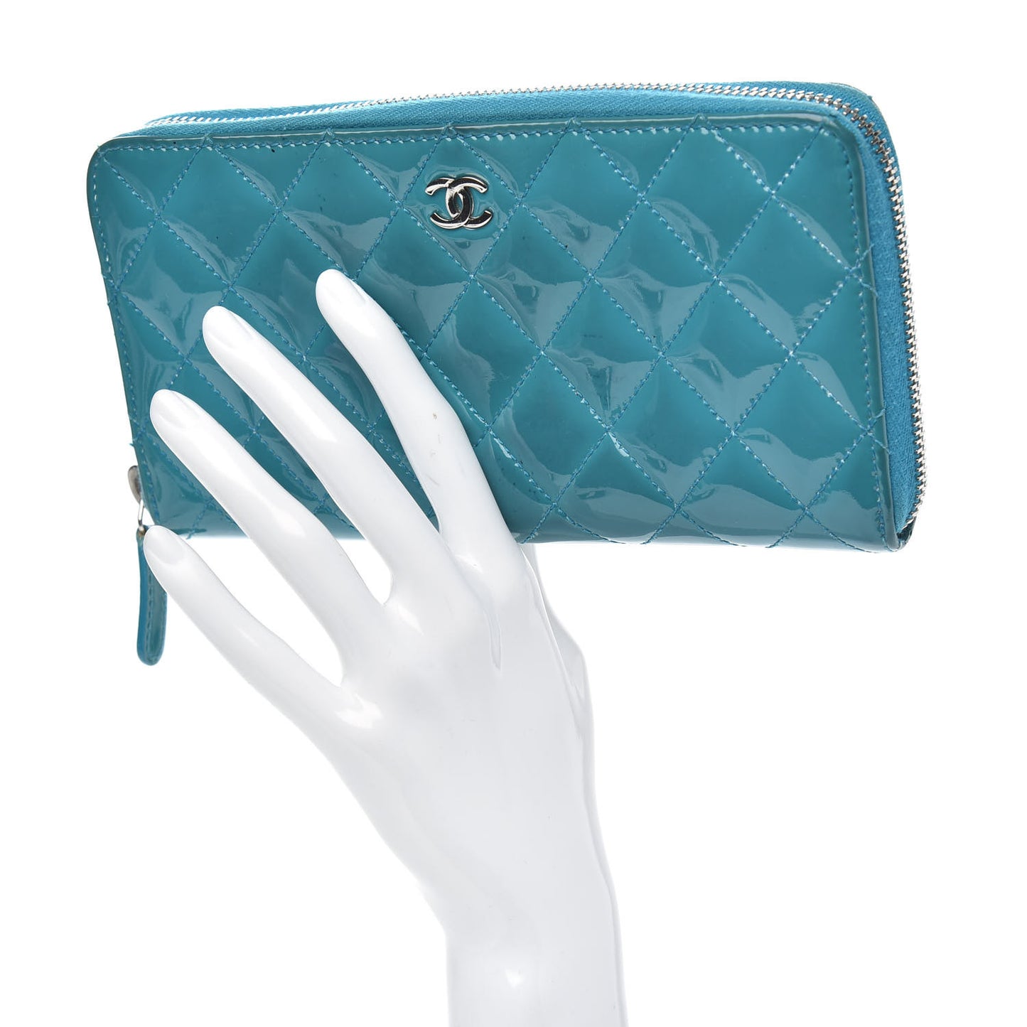 Patent Quilted Large Gusset Zip Around Wallet Blue