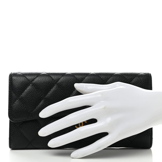 Caviar Quilted Large Gusset Flap Wallet Black
