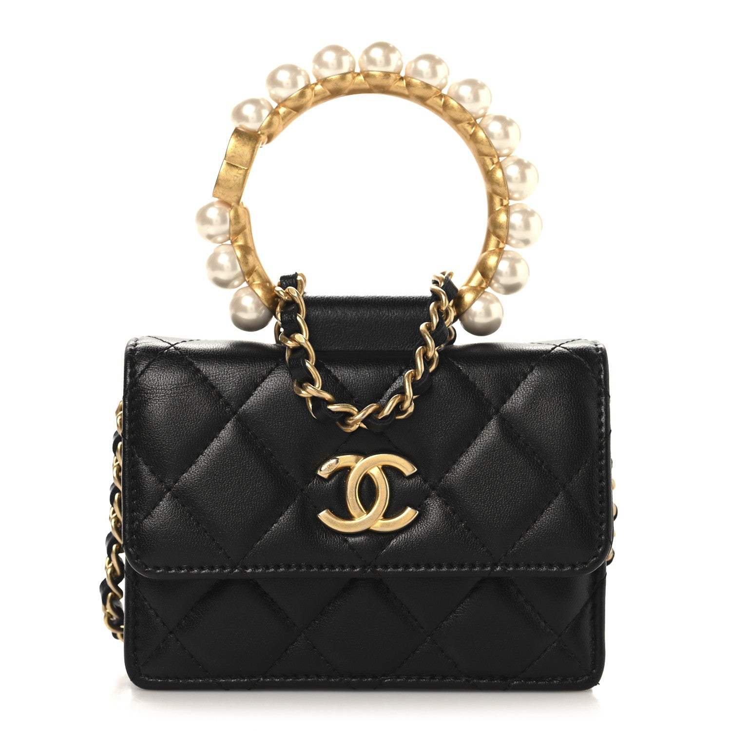 Chanel Lambskin Quilted Pearl Crown Clutch With Chain Black 1 of 11