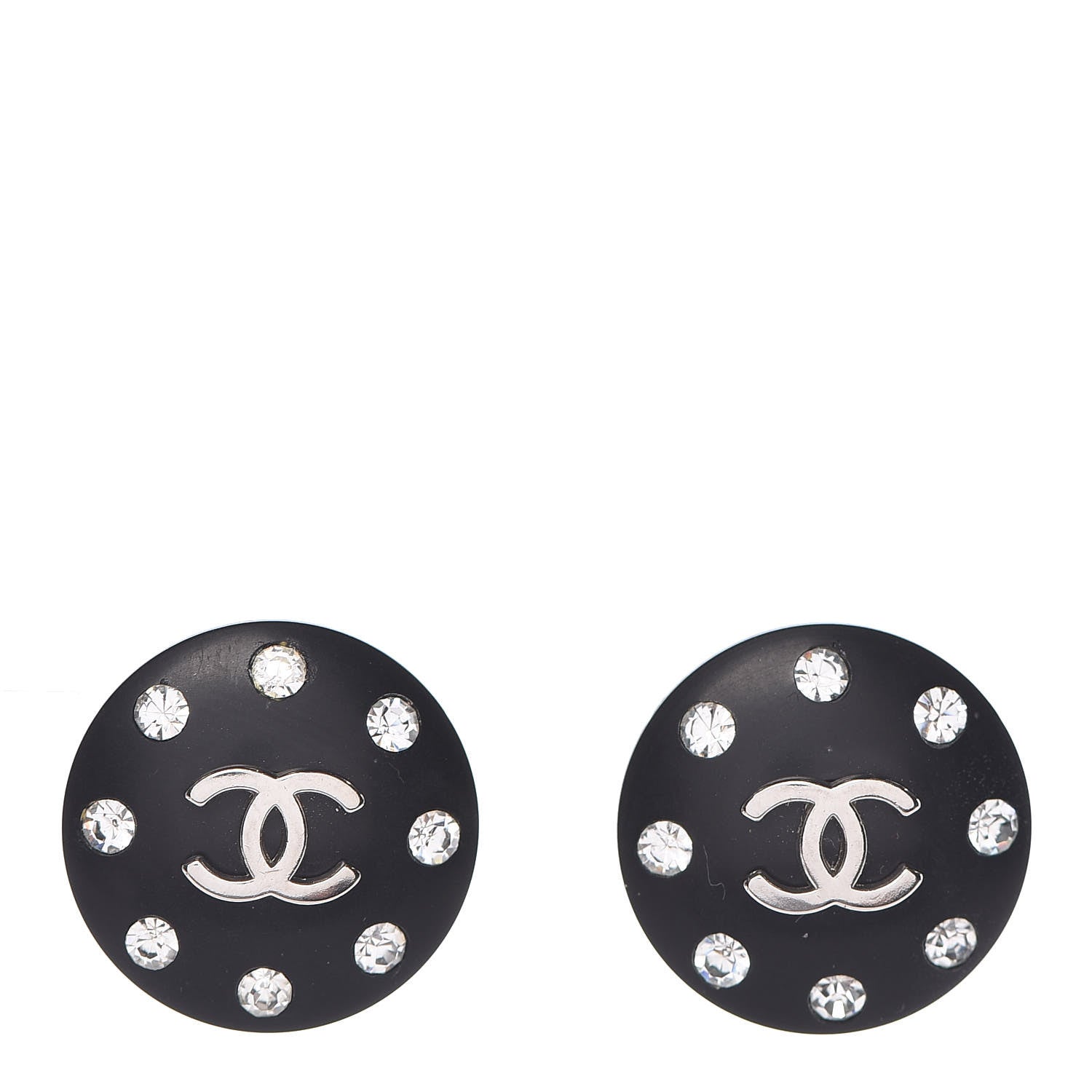 Chanel CC Crystal Studded Clip On Earrings Black Silver 1 of 4