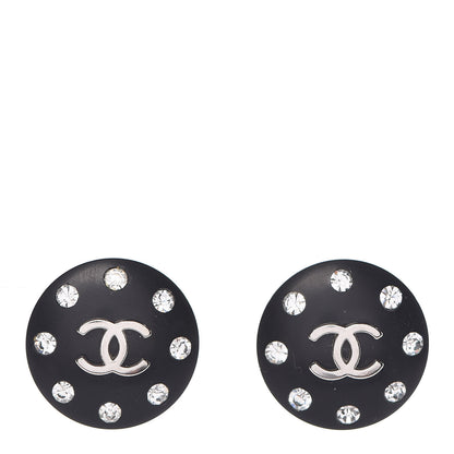 Chanel CC Crystal Studded Clip On Earrings Black Silver 1 of 4