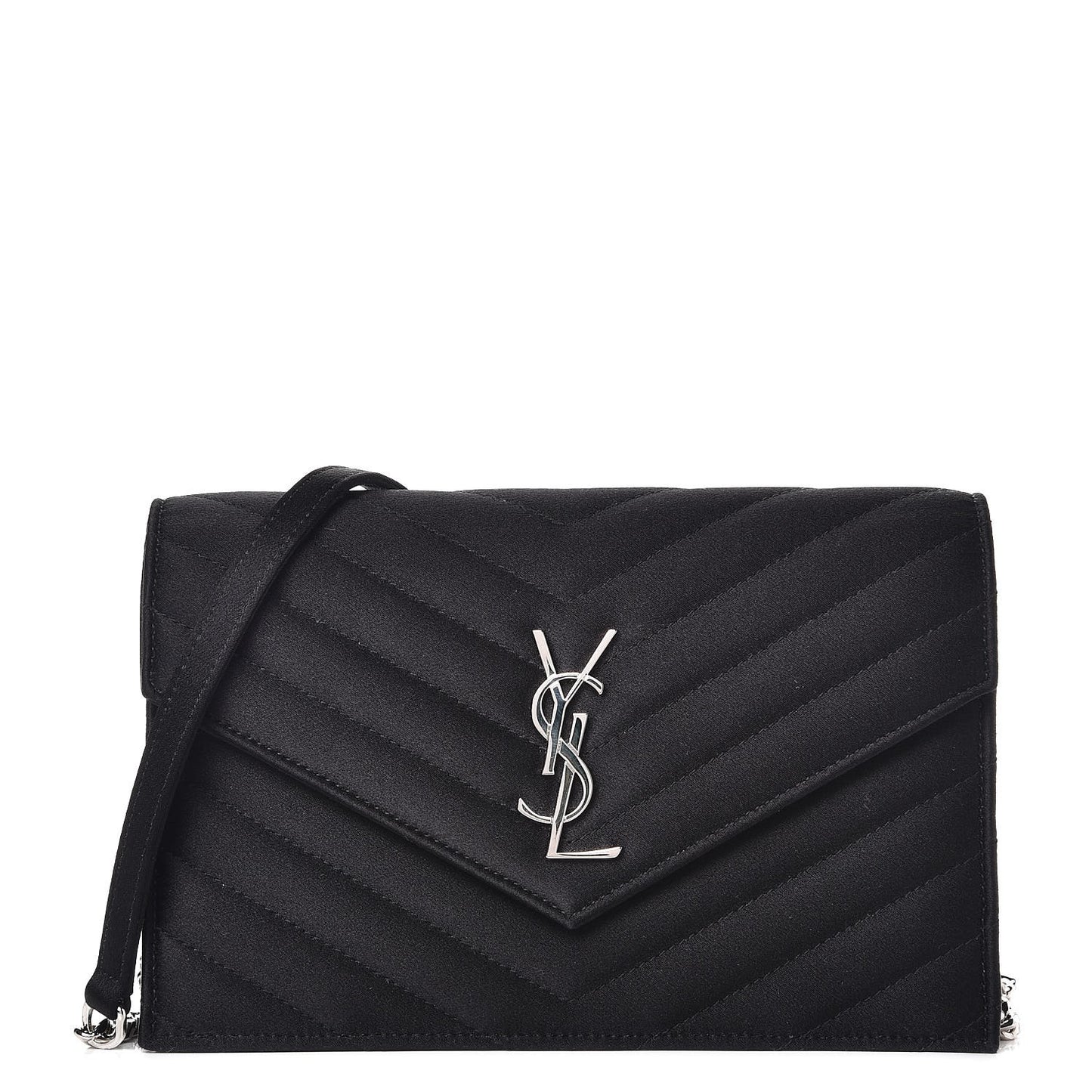 Satin Chevron Monogram Envelope Chain Wallet Black