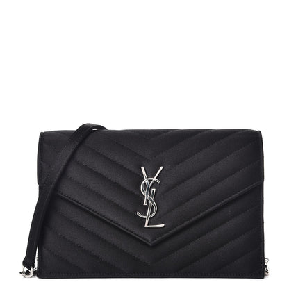 Saint Laurent Satin Chevron Monogram Envelope Chain Wallet Black 1 of 6