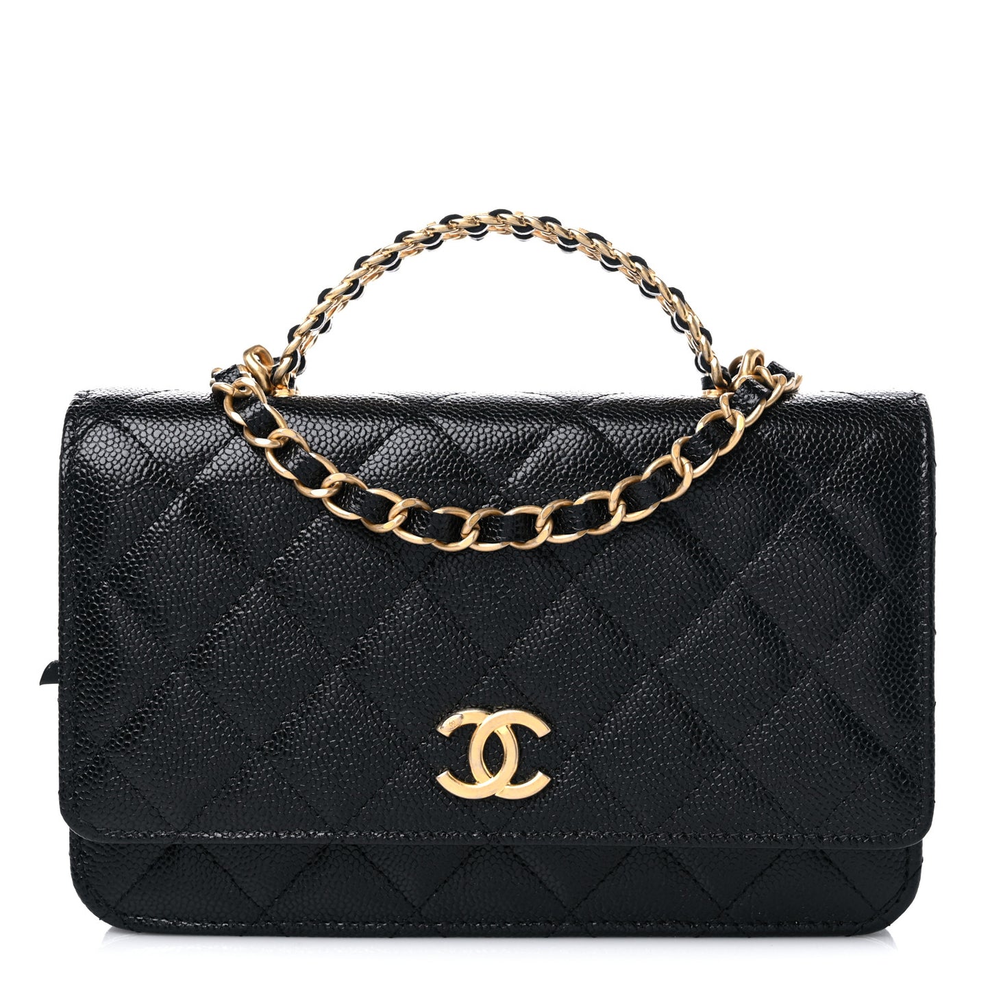 Shiny Caviar Quilted Pick Me Up Wallet On Chain WOC Black
