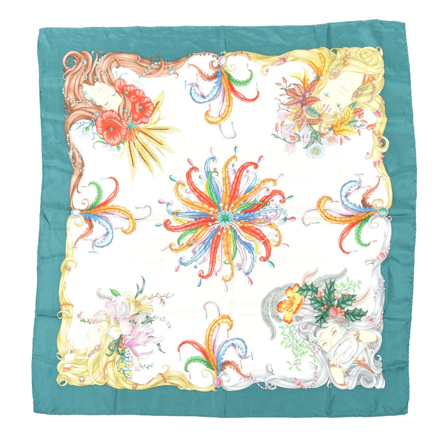 Silk Floral Feather Square Scarf Multicolor