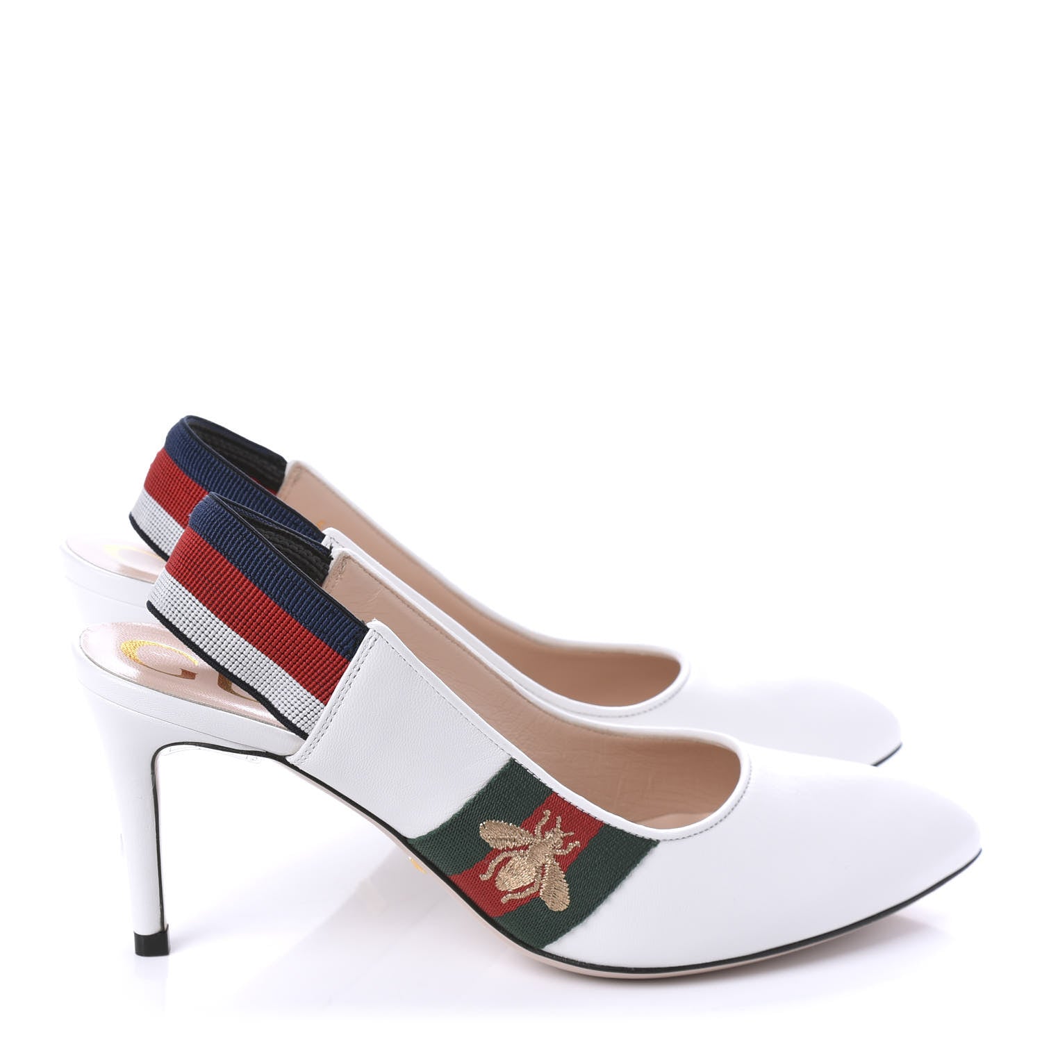 Gucci Malaga Kid Web Sylvie Mid Heel Slingback Pumps 36 White 4 of 10