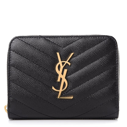 Saint Laurent Grain De Poudre Matelasse Chevron Monogram Compact Zip Around Wallet Black 1 of 8