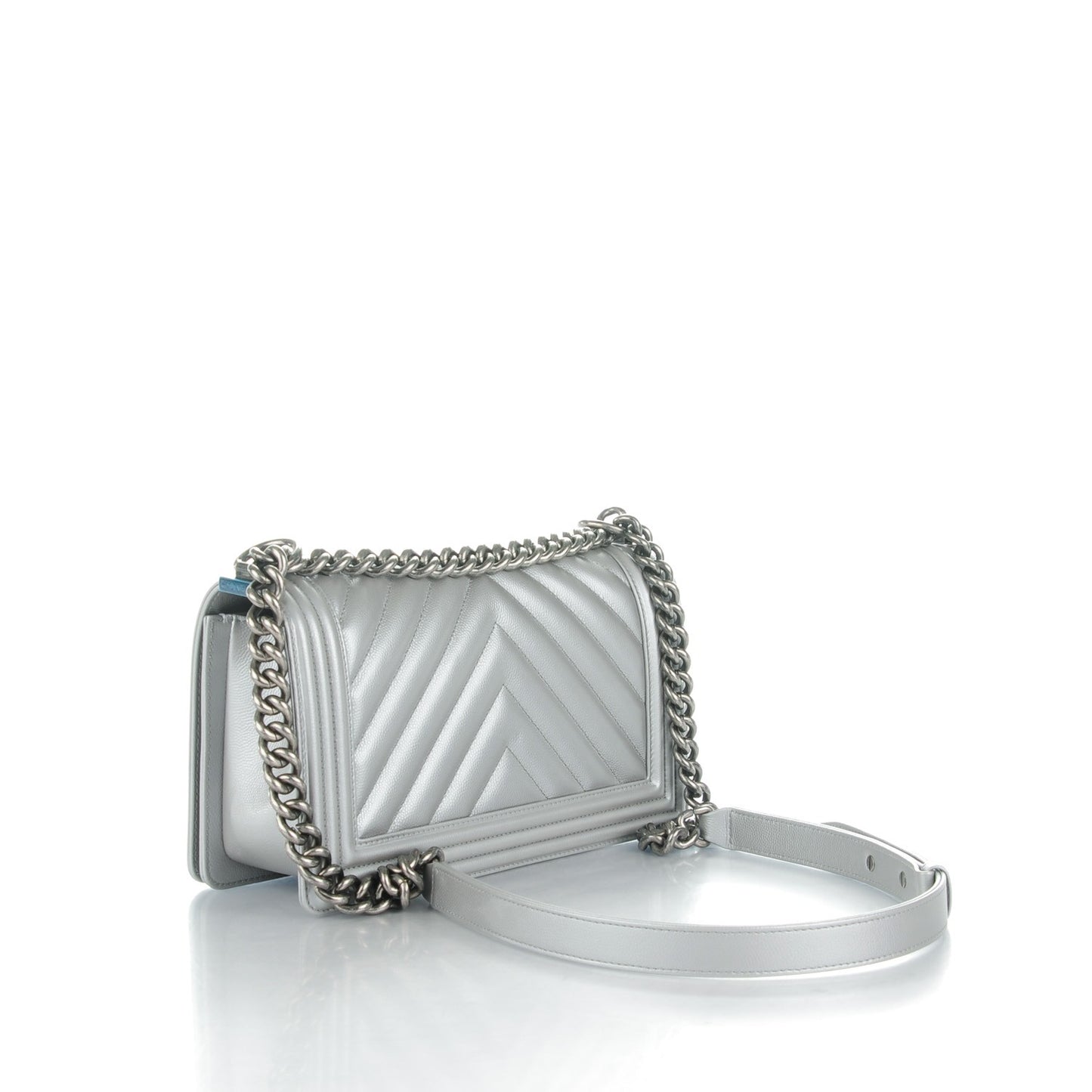 Metallic Caviar Chevron Medium Boy Flap Silver
