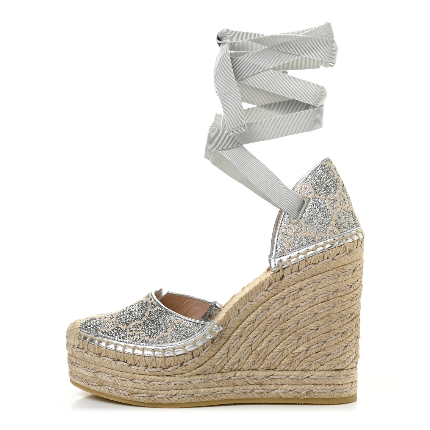 Lame GG Monogram Ankle Wrap Platform Espadrille Wedges 36.5 Silver Beige Light Grey