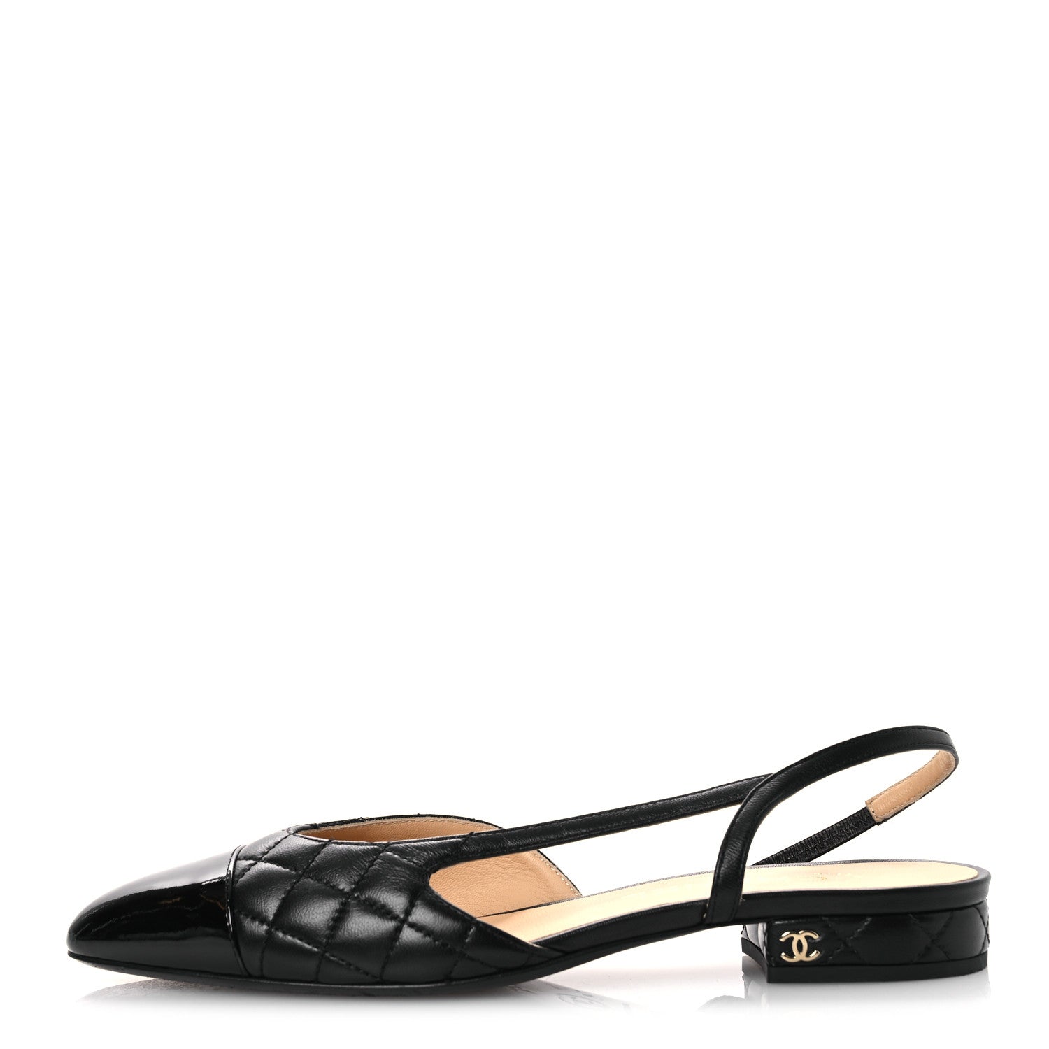 Chanel Lambskin Patent Cap Toe CC Slingback Flats 37.5 Black 1 of 11