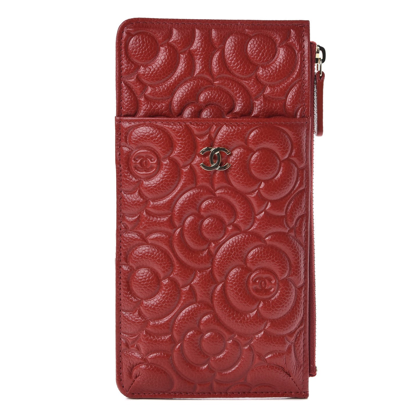 Caviar Camellia Embossed Classic Flat Wallet Pouch Red