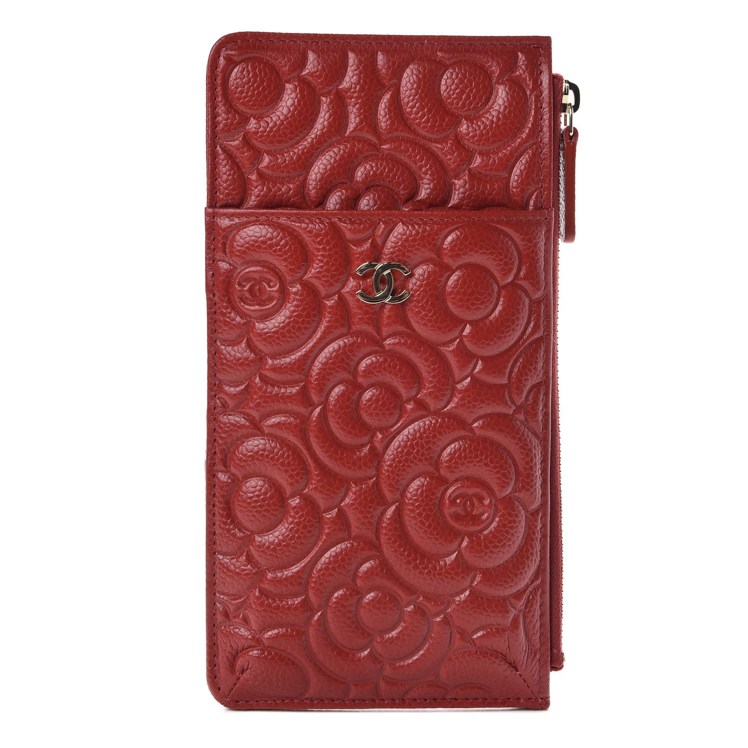 Chanel Caviar Camellia Embossed Classic Flat Wallet Pouch Red 1 of 8