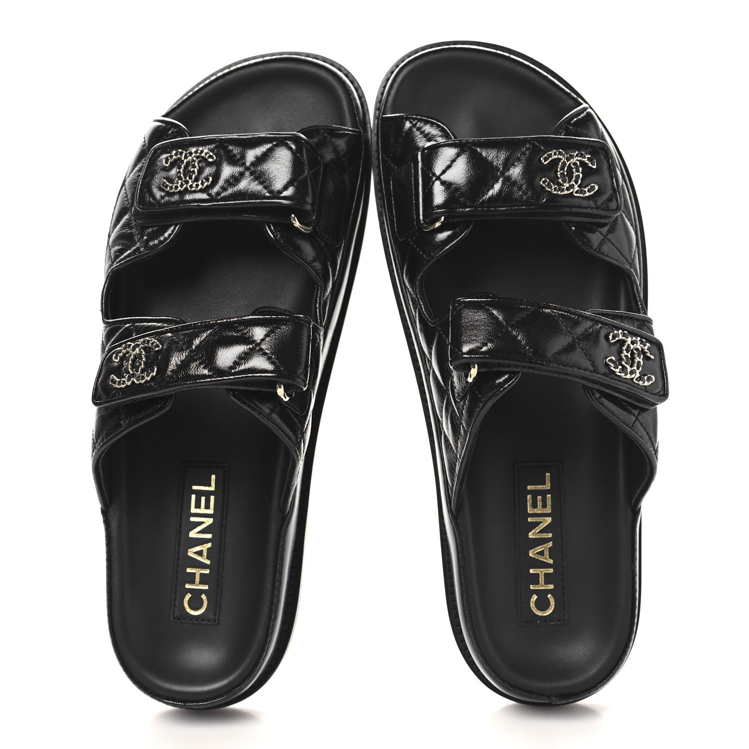 Chanel Lambskin Quilted Velcro Dad Chain CC Slide Sandals 39 Black 2 of 9
