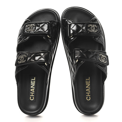 Chanel Lambskin Quilted Velcro Dad Chain CC Slide Sandals 39 Black 2 of 9