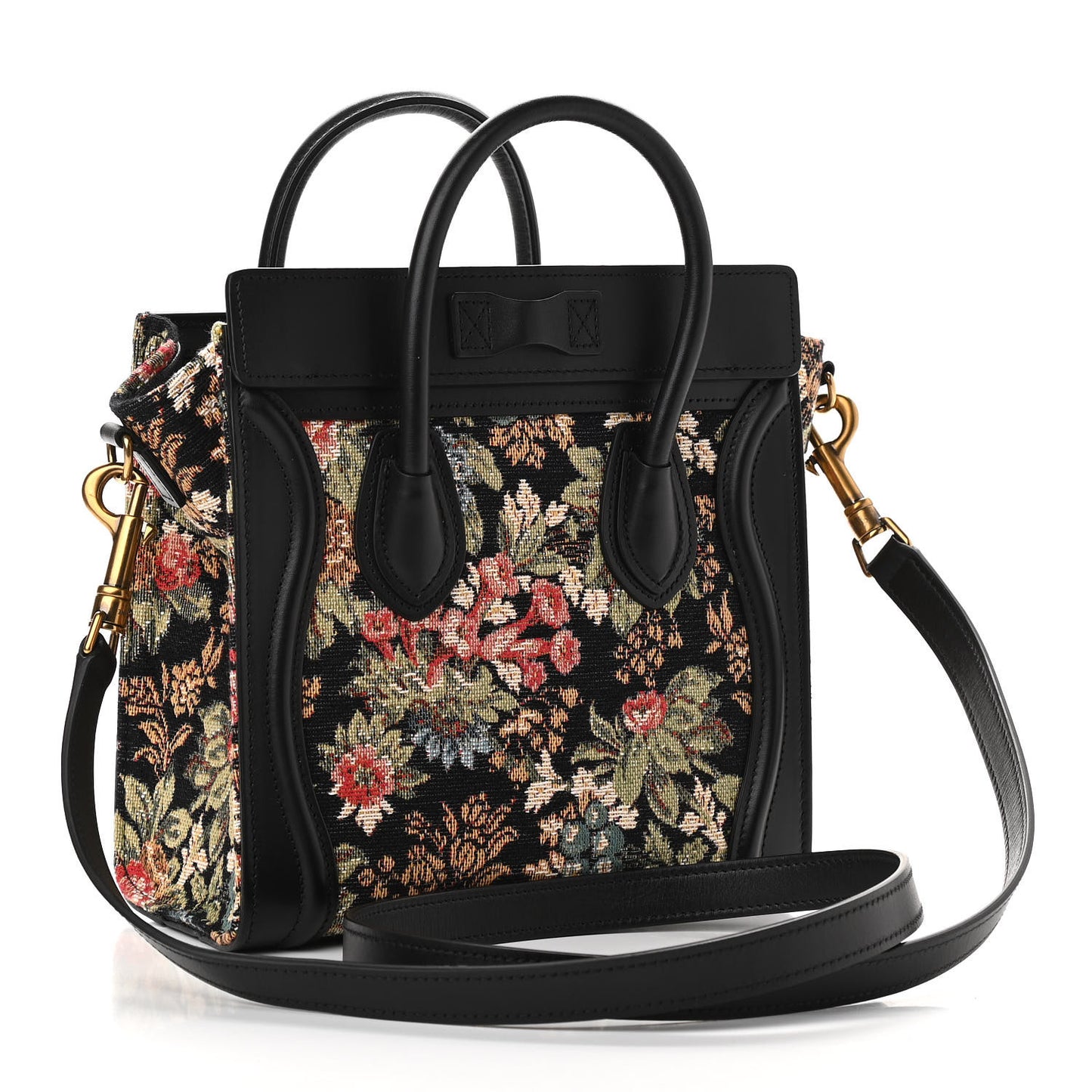 Calfskin Lambskin Canvas Jacquard Floral Nano Luggage Black