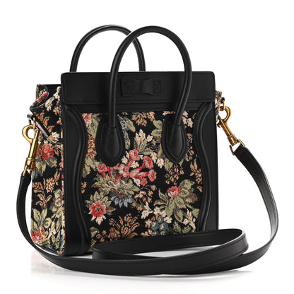 Celine Calfskin Lambskin Canvas Jacquard Floral Nano Luggage Black 3 of 10