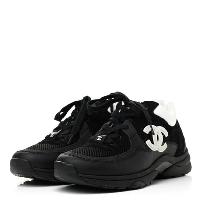 Chanel Mesh Suede Grained Calfskin Womens CC Sneakers 37.5 Black White 3 of 8