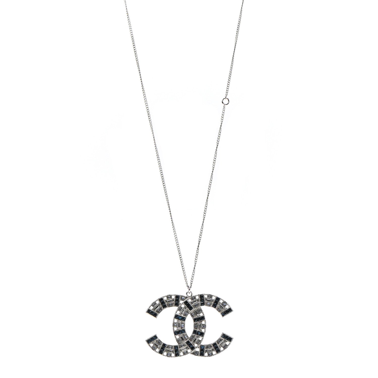 Chanel Baguette Crystal CC Necklace Silver Blue 1 of 5