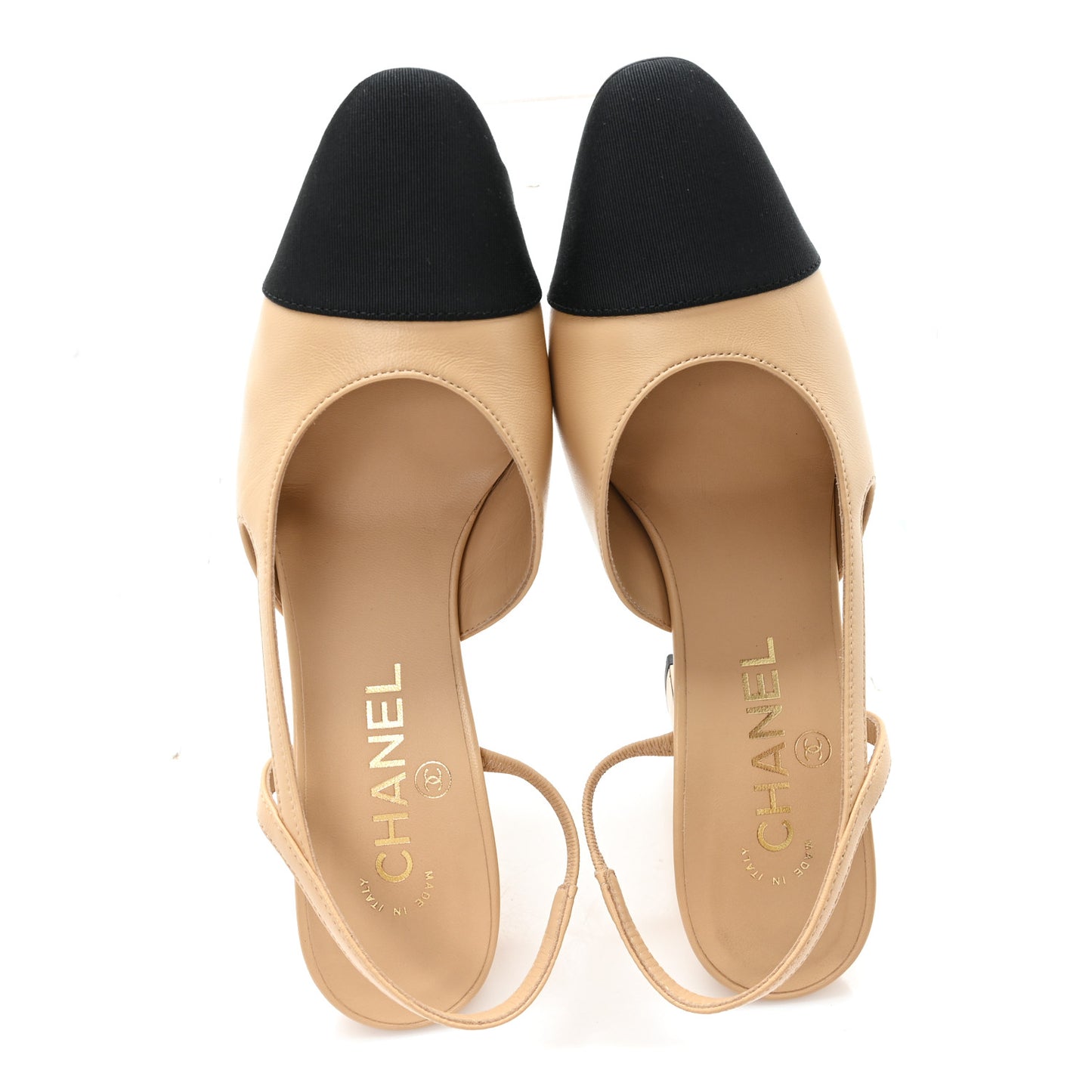 Goatskin Grosgrain Cap Toe CC Slingback Pumps 37 Beige Black