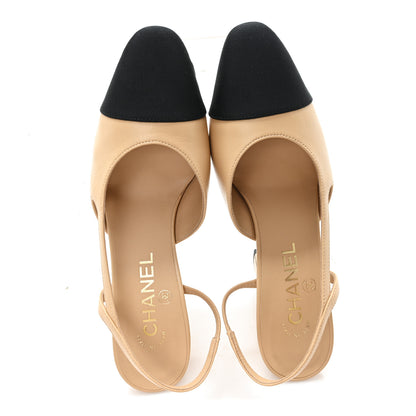 Chanel Goatskin Grosgrain Cap Toe CC Slingback Pumps 37 Beige Black 2 of 9