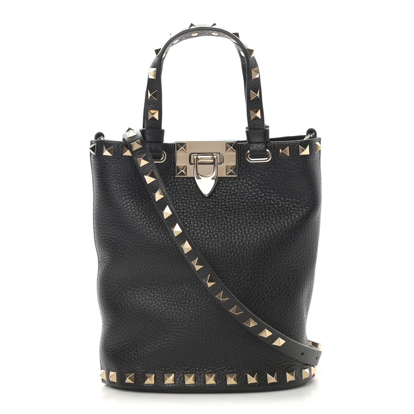 Pebbled Calfskin Rockstud Bucket Bag Black