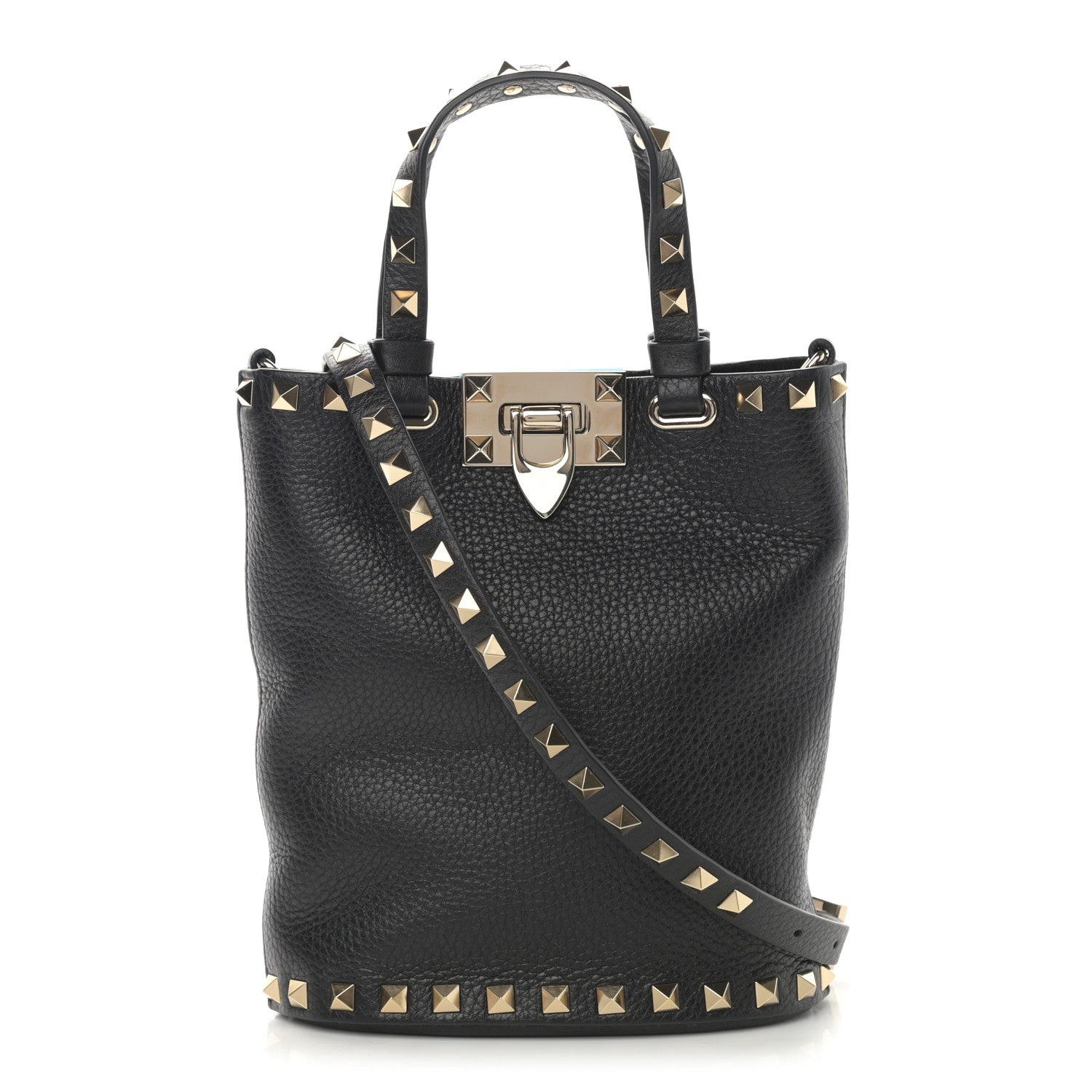 Valentino Garavani Pebbled Calfskin Rockstud Bucket Bag Black 1 of 9