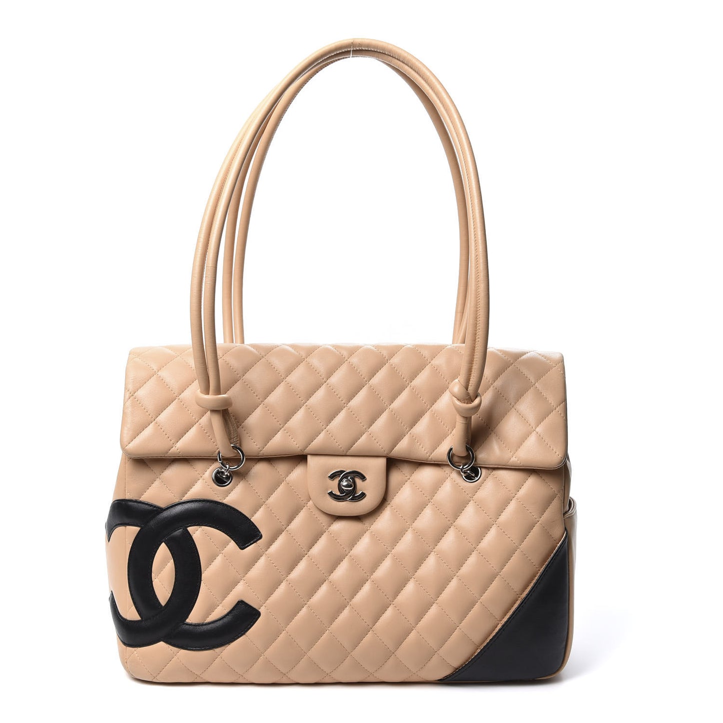 Calfskin Quilted Large Cambon Flap Beige Black