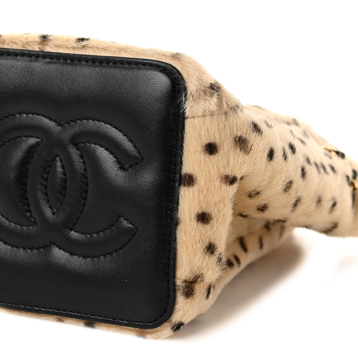 Pony Hair Cheetah Printed CC Chain Bucket Bag Light Beige Black
