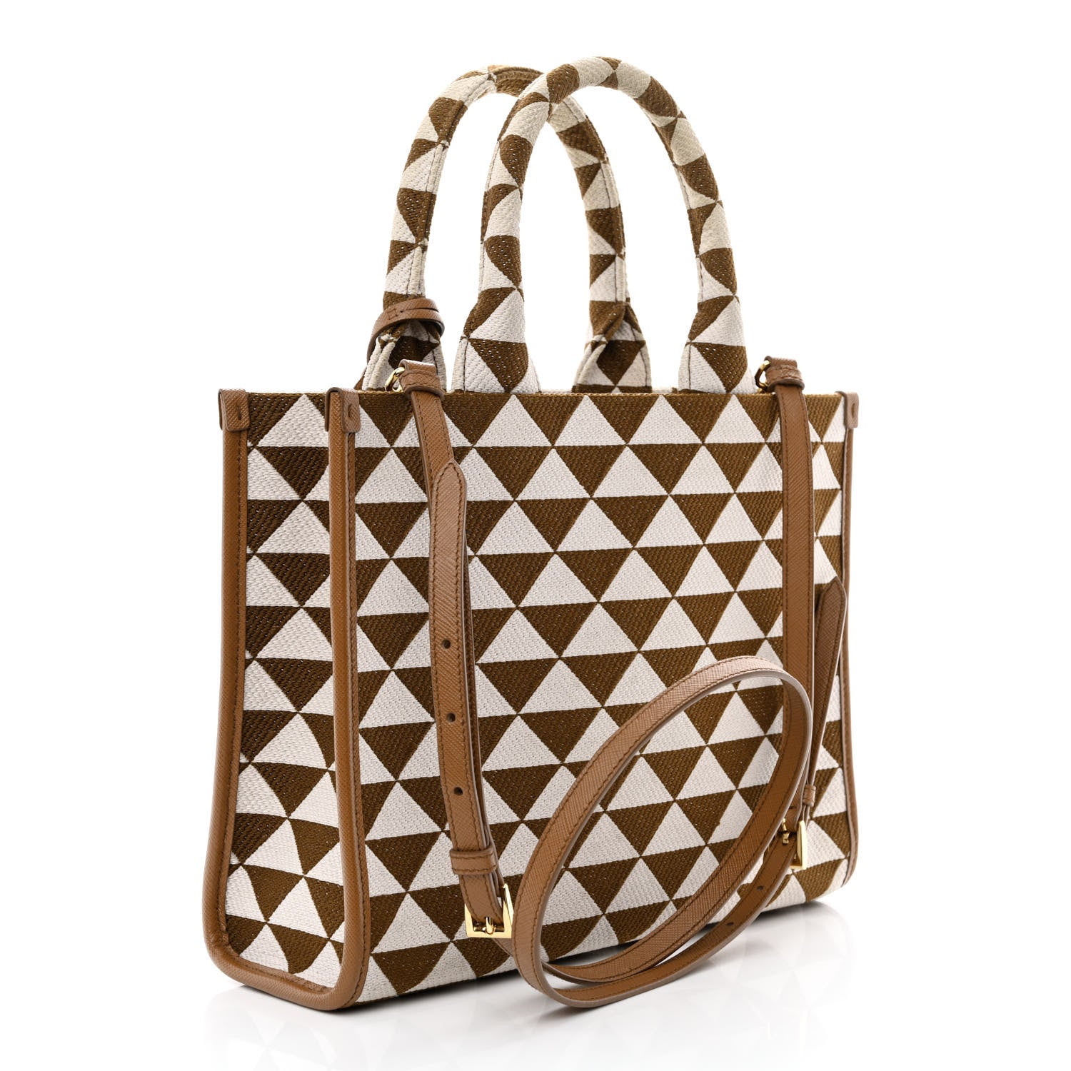 Prada Jacquard Saffiano Triangolo Symbole Embroidered Small Tote Tobacco Talco 3 of 11