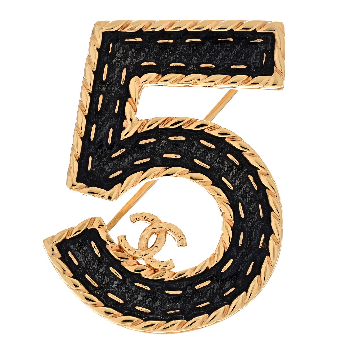 Chanel Metal Enamel CC No 5 Rope Brooch Gold Denim Blue 1 of 5