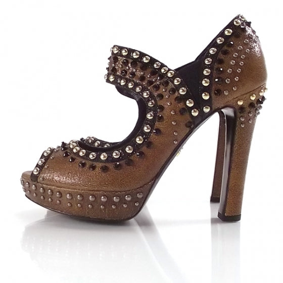 Prada Leather Studded Platform Peep Toes 38 Brown 2 of 7