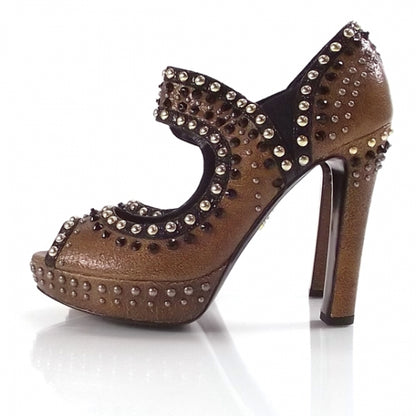 Prada Leather Studded Platform Peep Toes 38 Brown 2 of 7