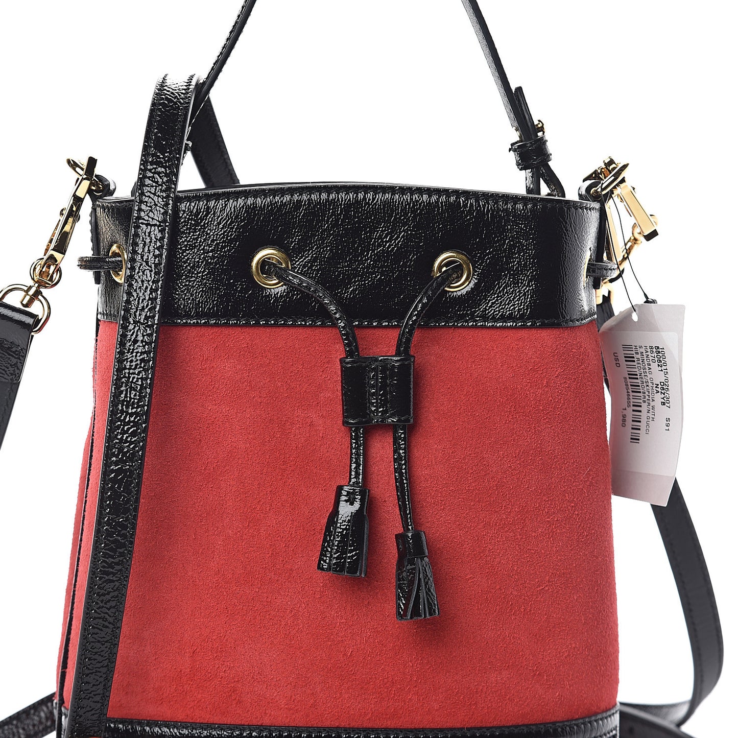 Suede Patent Web Small Ophidia Bucket Bag Hibiscus Red Black