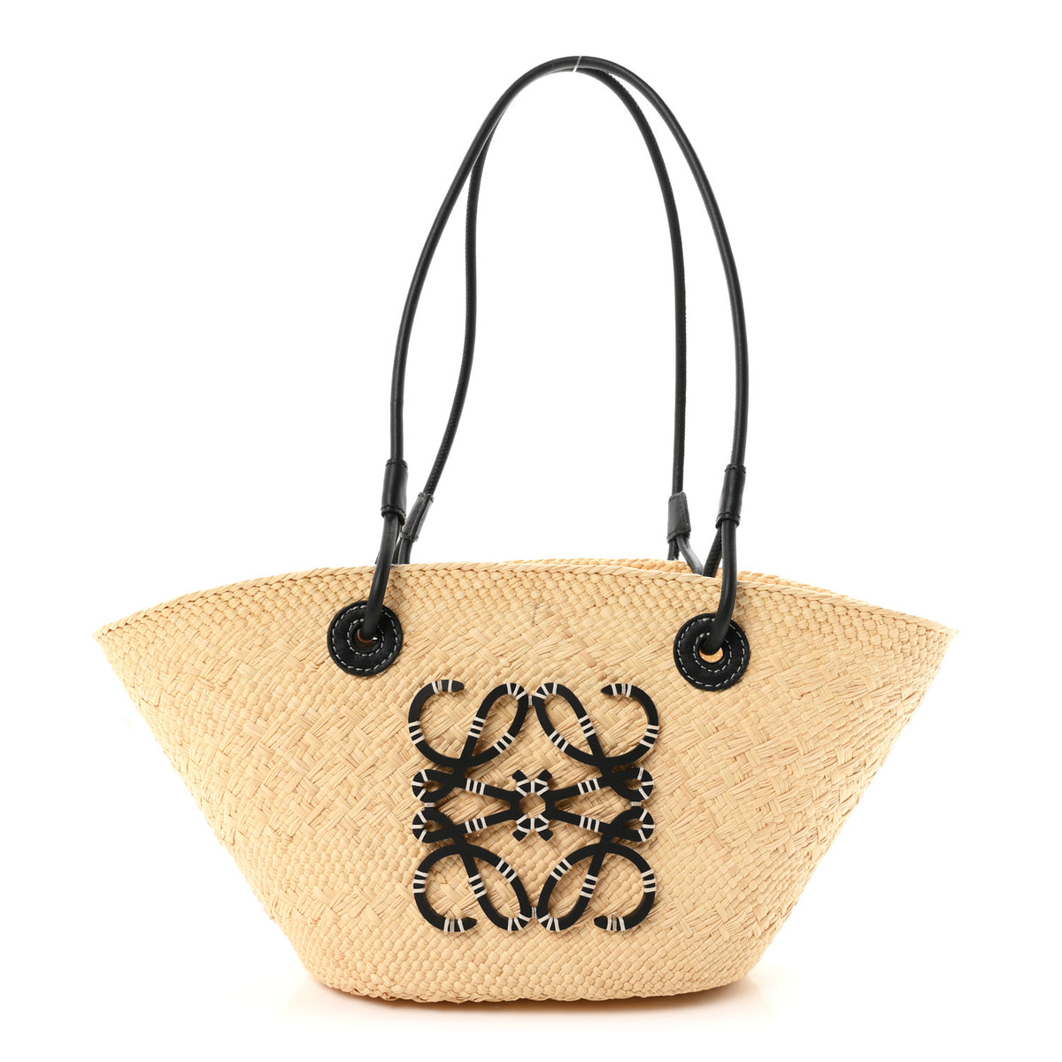 Calfskin Raffia Paulas Ibiza Small Anagram Basket Tote Bag Natural Black