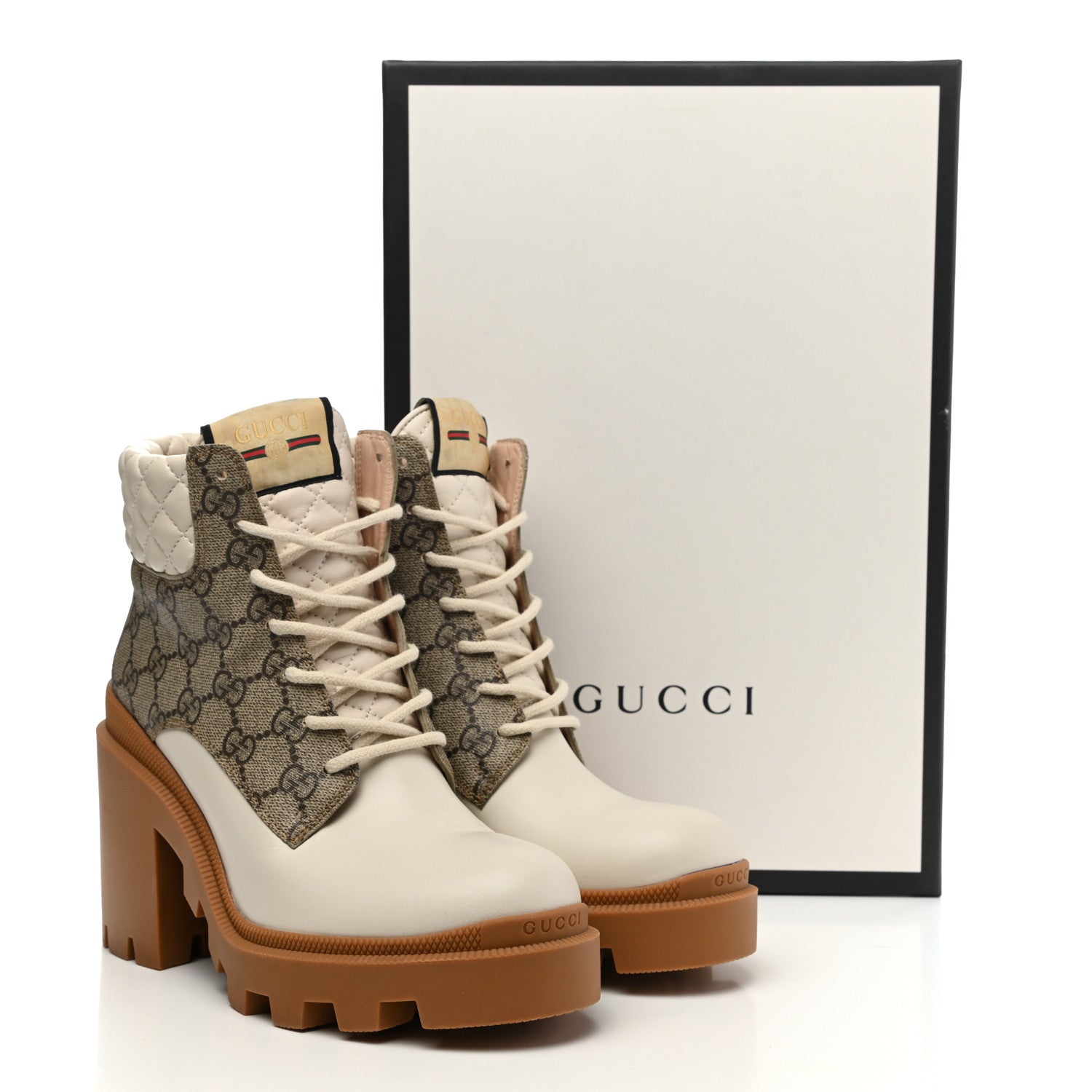 Gucci Calfskin GG Supreme Monogram Nappa Quilted Lace Up Ankle Boots 38.5 Mystic White Beige 14 of 14