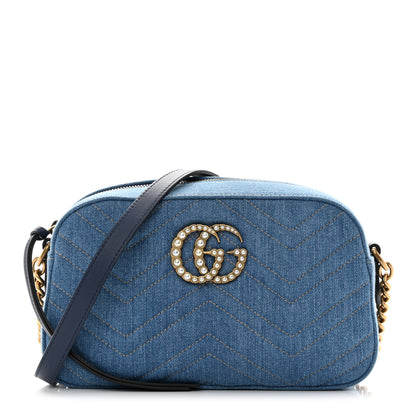 Gucci Denim Matelasse Small Pearly GG Marmont Chain Shoulder Bag Blue 1 of 10