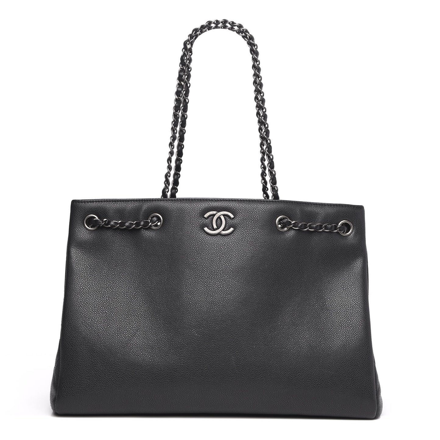 Metallic Grained Calfskin Woven Chain Large Shopping Bag Black