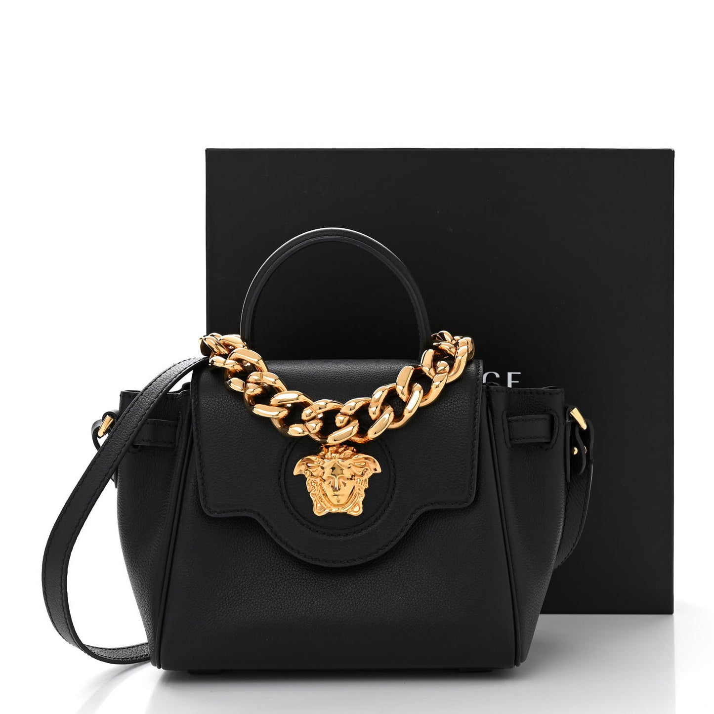 Grained Calfskin Small La Medusa Top Handle Bag Black